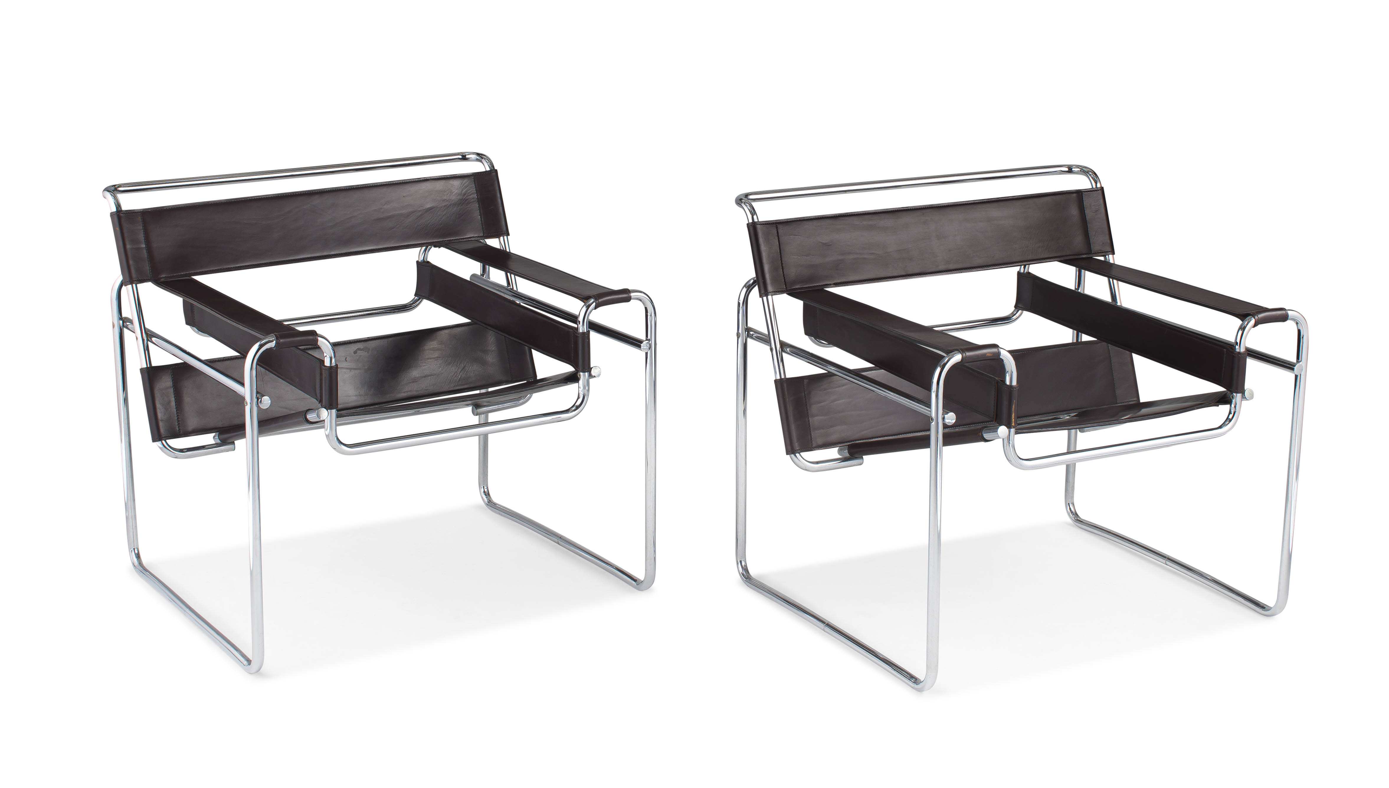 A pair of chrome and leather Wassily chairs after a design in 1925 by ...
