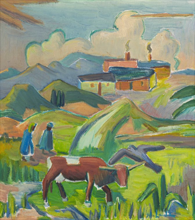 Landscape with Cow, Figures and Houses by Maggie Laubser | Strauss & Co