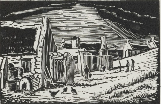 David Botha; Cottages with Figures at Waenhuiskrans