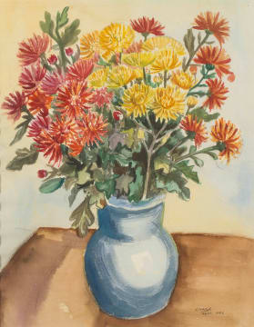 Peter Clarke; Chrysanthemums in a Blue Vase