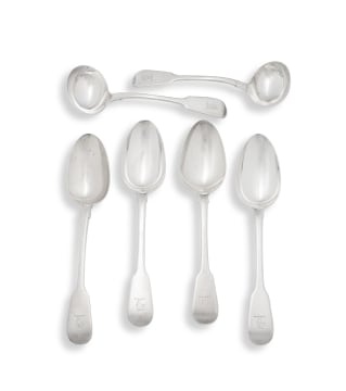 Four George III and George IV silver 'Fiddle' pattern dinner spoons, William Chawner, London, 1815-1826