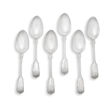 Six Edward VII silver-plate 'Fiddle and Shell' pattern dinner spoons, Henry Hobson & Son, Sheffield & London, 1906