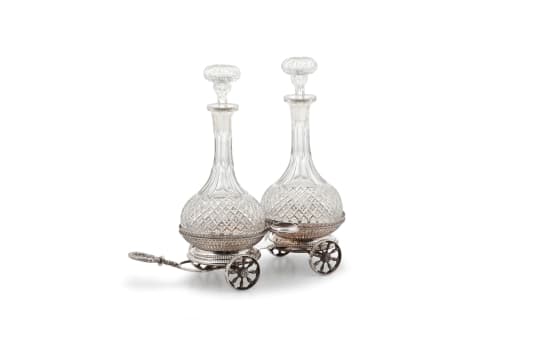A Victorian Sheffield silver-plate wine decanter wagon trolley and decanters, maker's initials H & Co, 19th century