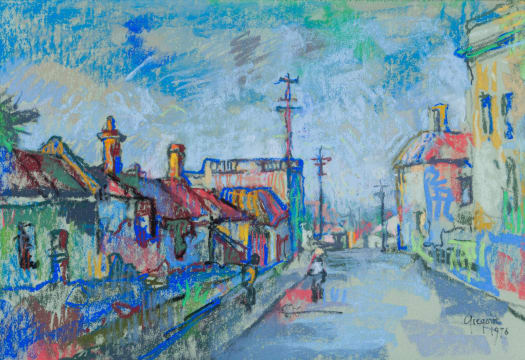 Gregoire Boonzaier; Kleurvolle Straat met Drie Lamppale, Dist. Ses, Kaap (Colourful Street with Three Lamp Posts, Dist. Six, Cape)