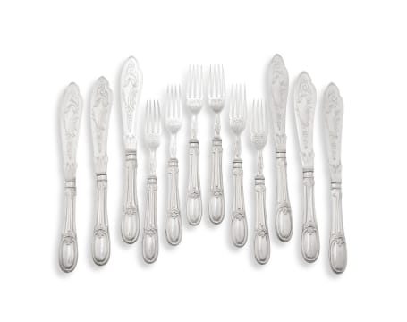A set of twelve silver-plate fish knives and forks, John Round & Son, Sheffield, 1874