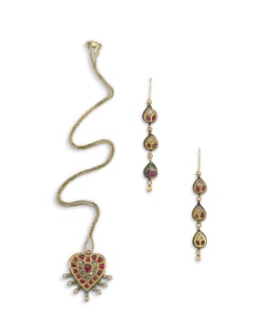 Ruby, polkie diamond and enamel heart-shaped pendant and earrings, India
