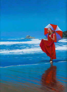 James Mooney; Marianne at Sedgefield Beach with Red Sunshade II