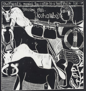John Muafangejo; Shepherd is moving the cattle to a good place for grassing (Kohambo)
