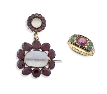 Victorian ruby, emerald and seed-pearl 15ct gold ring, maker's initials FD, Chester 1882
