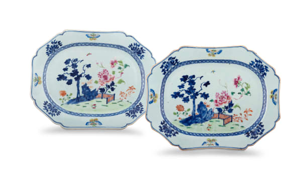 A near pair of Chinese blue and white 'famille-rose' dishes, Qing Dynasty, 18th century