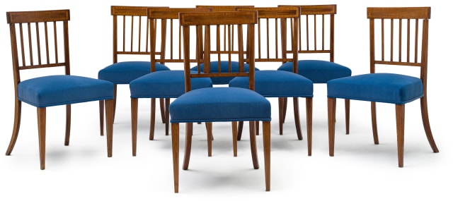 A set of eight Edwardian mahogany and inlaid side chairs