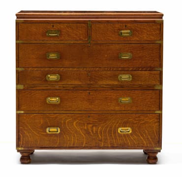 A Victorian oak and brass-mounted campaign chest-on-chest, Army & Navy Co-operative Society Ltd, late 19th century