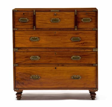 A teak and brass-bound secrétaire campaign chest-on-chest, late 19th/early 20th century