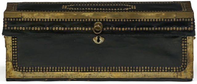 A Chinese export leather and brass-bound camphorwood chest, 19th century