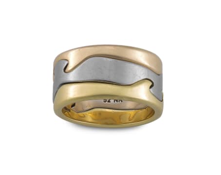 Nina Koppel; Georg Jensen 'Fusion' 18ct tri-coloured gold rings, No 52, designed by Nina Koppel, two rings with import marks for London 2000