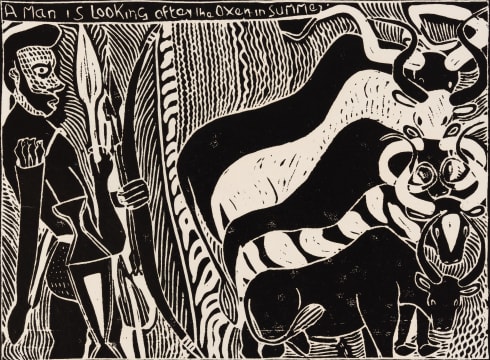 John Muafangejo; A Man is Looking after Oxen in Summer