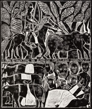John Muafangejo; A Man is Hunting an Eland in Forest and Skinning It