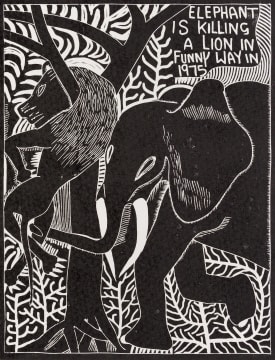 John Muafangejo; Elephant is Killing a Lion in Funny Way