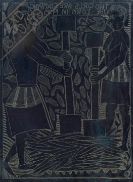 John Muafangejo; Two Girls are Stamping the Corn (original lino block)