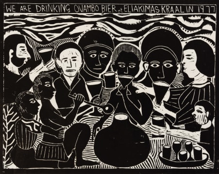 John Muafangejo; We are Drinking Ovambo Bier at Eliakimas Kraal