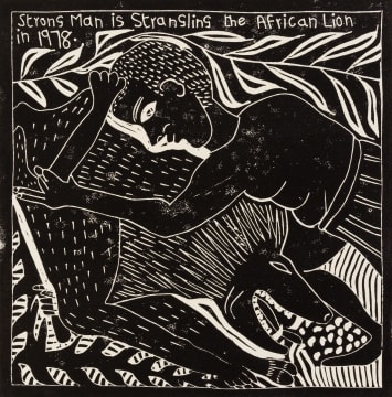 John Muafangejo; Strong Man is Strangling the African Lion