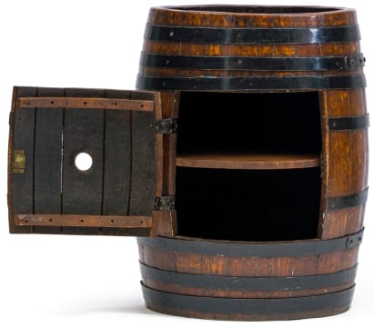 A metal-bound oak barrel