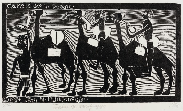 John Muafangejo; Camels are in Desert (sic)