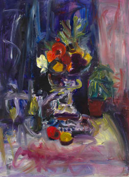 Gerhard Batha; Still Life with Fruit, Plant and Wine Glass on a Table