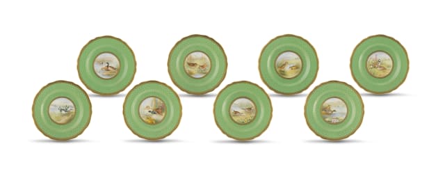 Eight Copeland Spode ornithological cabinet plates, retailed by T. Goode & Co Ltd, London, late 19th/early 20th century