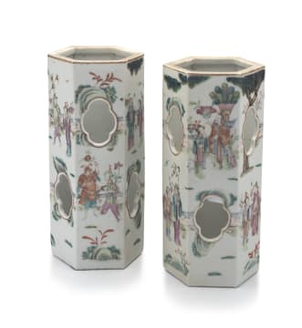 A pair of Chinese famille-rose hexagonal lantern vases, Qing Dynasty, late 19th century