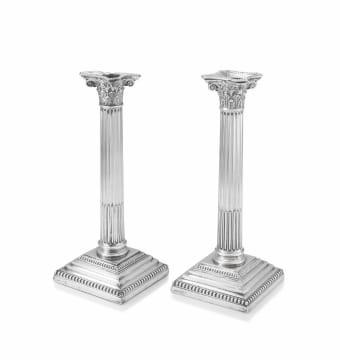 A pair of Edward VII silver Corinthian candlesticks, Thomas A Scott, Sheffield, possibly 1902
