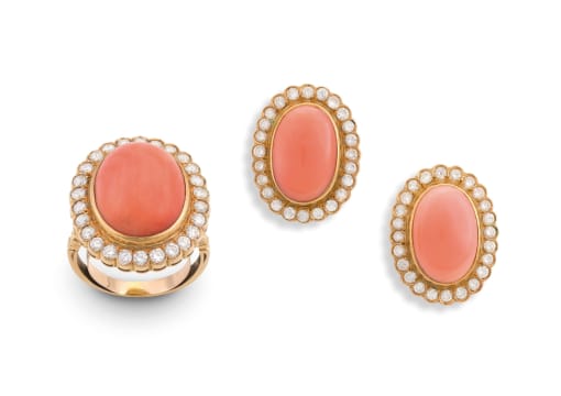 Coral and diamond demi-parure