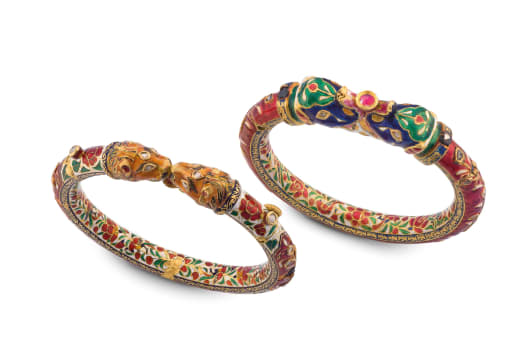 Two modern enamel and gem-set Makara head kadas