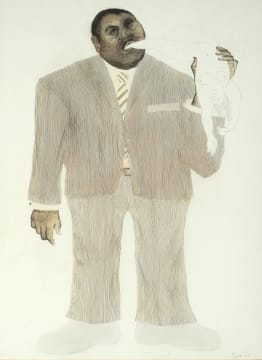 Stephen Allwright; Man in Blue Suit Eating a Line Drawing of a Woman