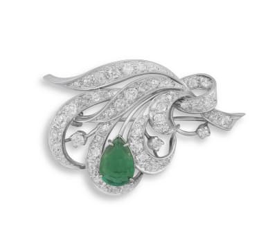 Emerald and diamond brooch