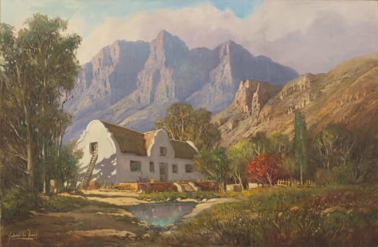 Gabriel de Jongh; Cape Dutch Cottage, Mountains Beyond