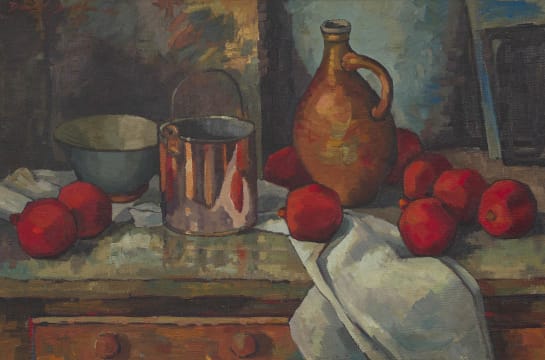 David Botha; Still Life with a Jug, Copper Pot and Pomegranates