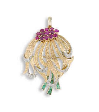 Ruby, emerald and diamond gold pendant/brooch, 1970s