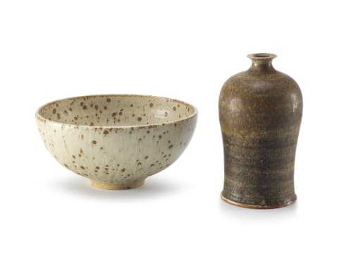 A mottled beige and brown glaze stoneware bowl, Barbara Cass (1921-1992)
