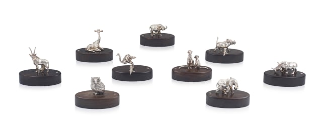 Nine silver place card holders, Patrick Mavros, Harare