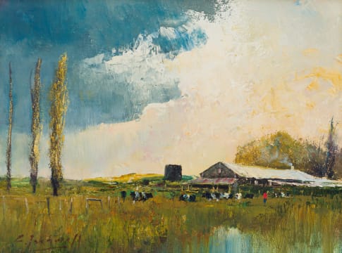 Christopher Tugwell; Farm Buildings with Poplar Trees
