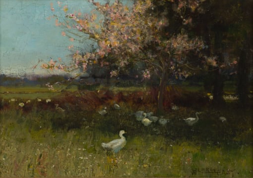 Sir Alfred Edward East RA; Riverscape with Ducks