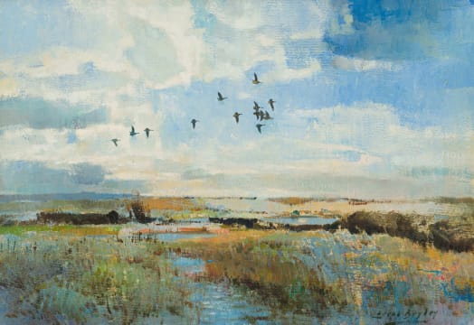 Errol Boyley; Marshland with Geese in Flight