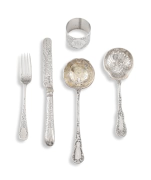 A Victorian silver 'Old English' pattern Christening knife, fork and napkin ring, Atkin Brothers, Sheffield, 1892