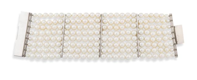 Eight strand pearl and silver bracelet