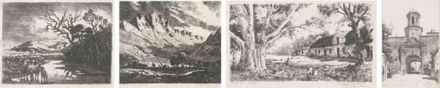 After Tinus de Jongh; Sunset Karoo; After the Storm, Worcester; Farm, Cape Flats; and Castle Entrance, Cape Town, four