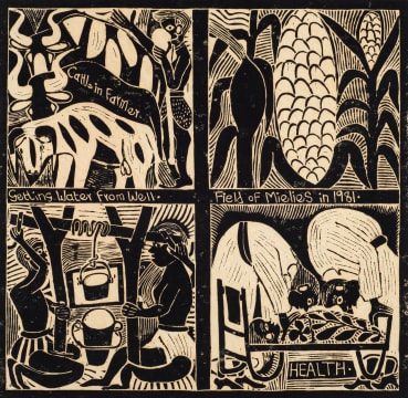 John Muafangejo; Gettling Water from Well. Field of Mielies in 1981