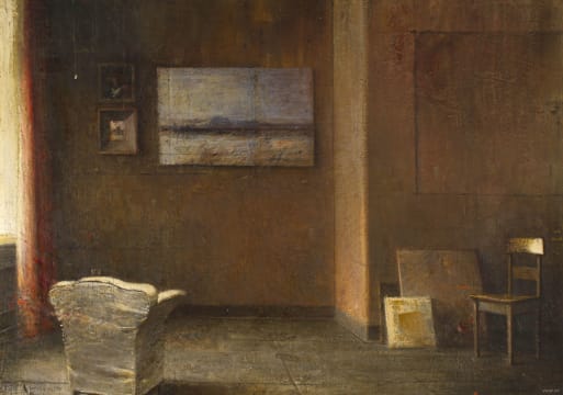 Harold Voigt; Interior with Landscape on the Wall, (Red Curtain series)