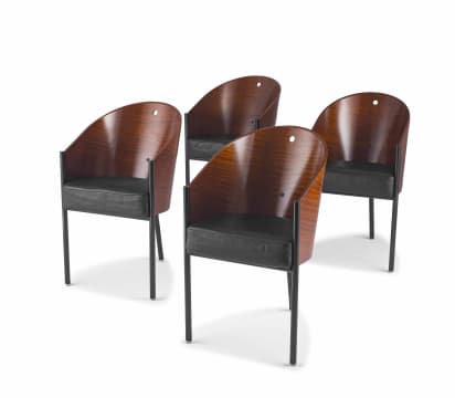 A set of four Café Costes rosewood-veneered and leather chairs designed in 1982 by Philippe Starck for Aleph Ubik