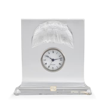 An Art Deco style Lalique 'Hibou' owl frosted crystal alarm clock, 1970s